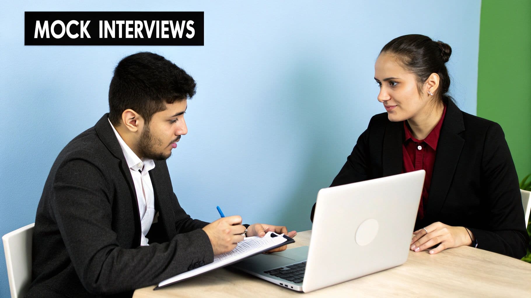 Two professionals engaged in a mock interview, with one taking notes and providing feedback.