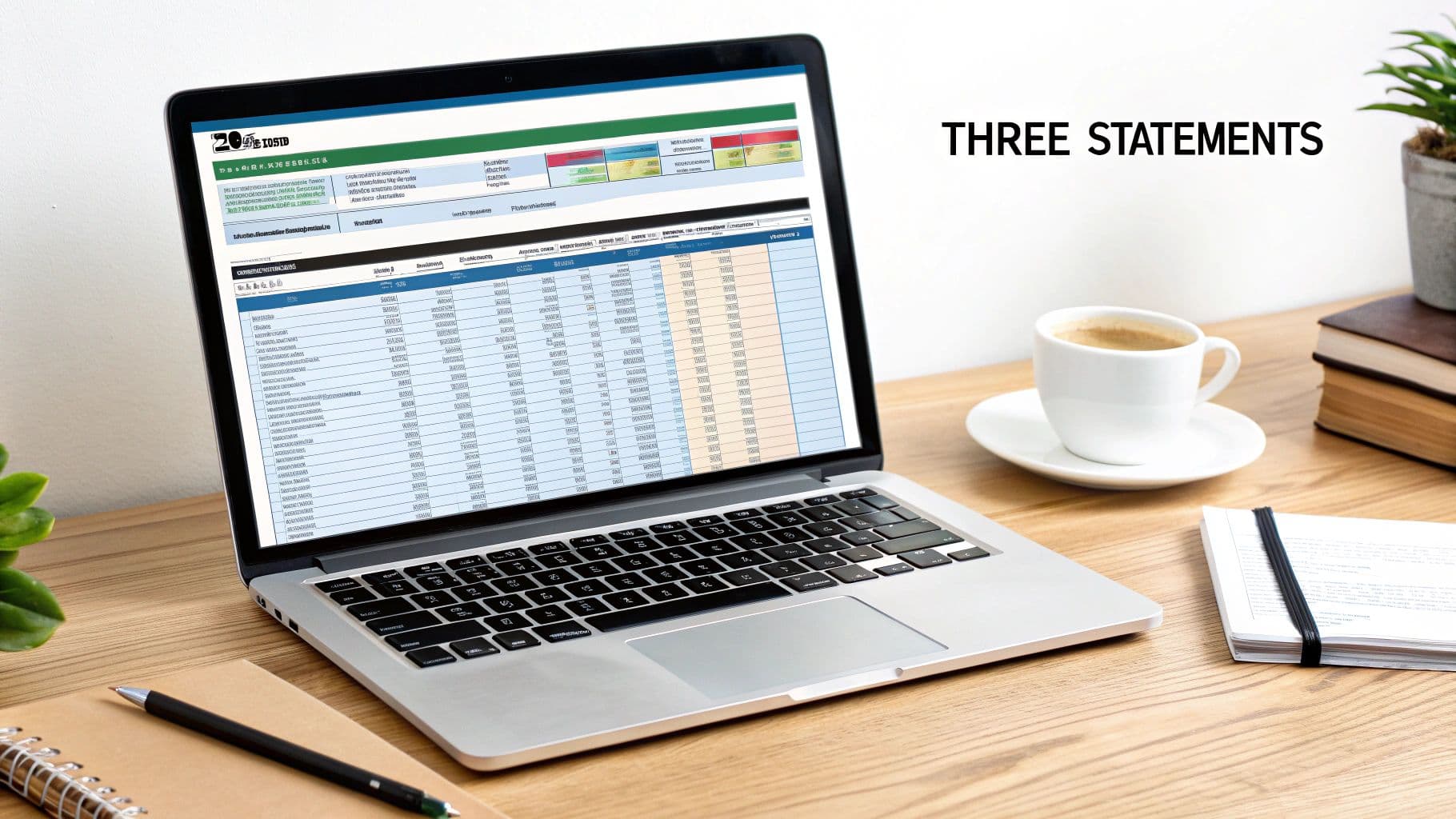 A laptop on a wooden desk displays financial data, with a coffee cup and notebooks nearby.