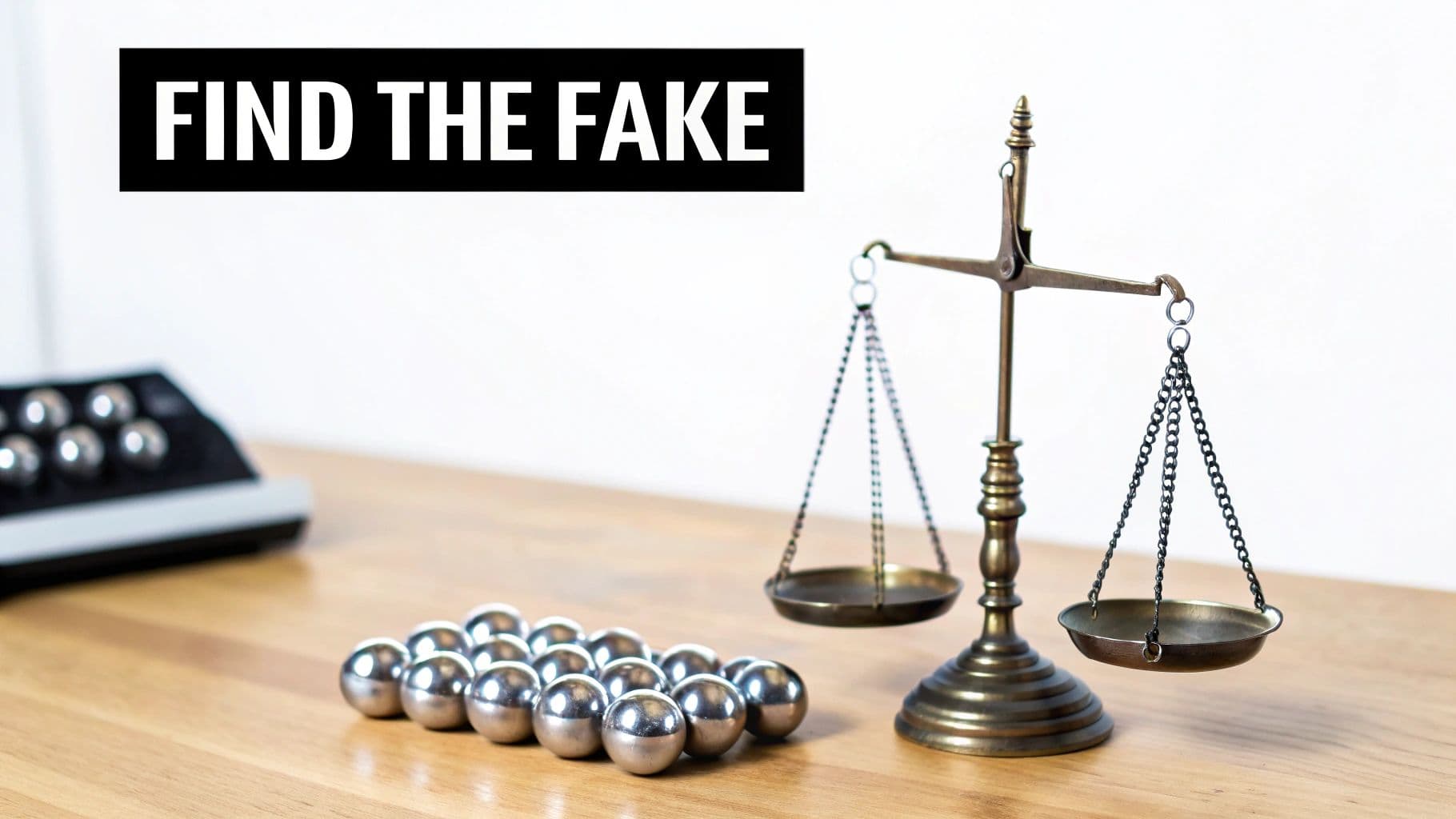 A brain teaser with silver balls, a balance scale, and a 'FIND THE FAKE' banner.