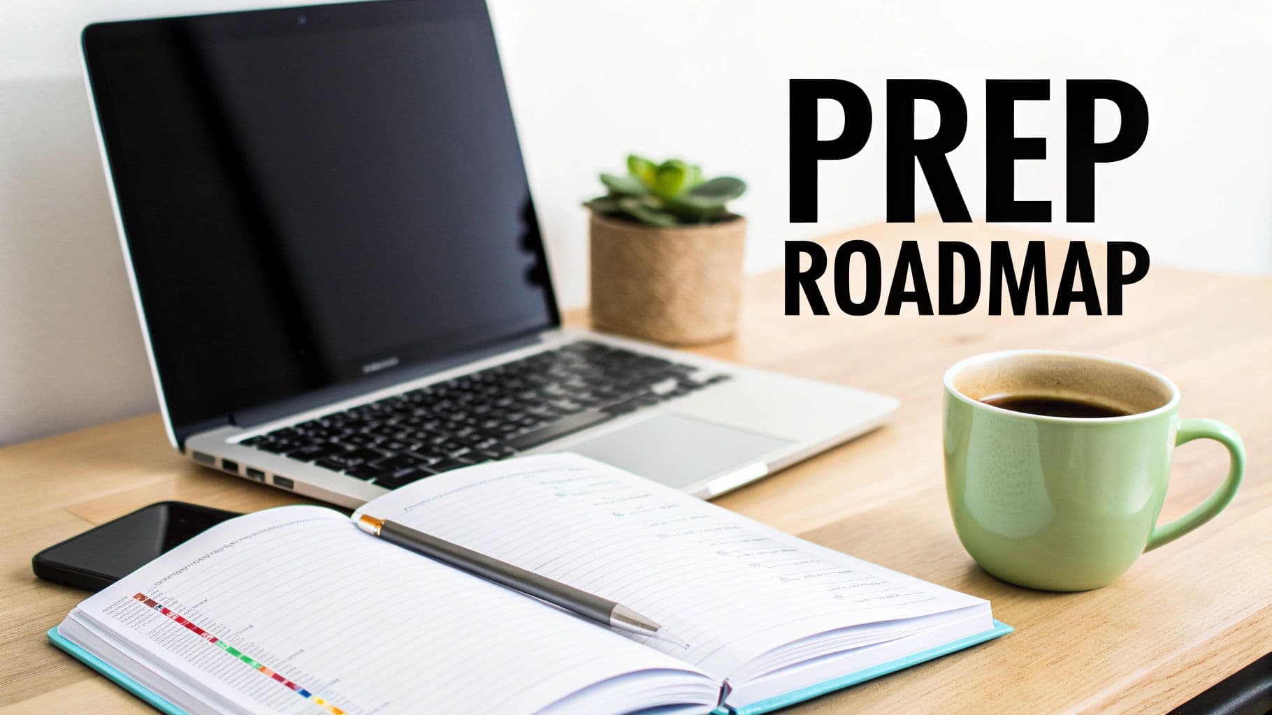 A desk setup with a laptop, open notebook, pen, coffee mug, and a plant. Text reads 'PREP ROADMAP'.