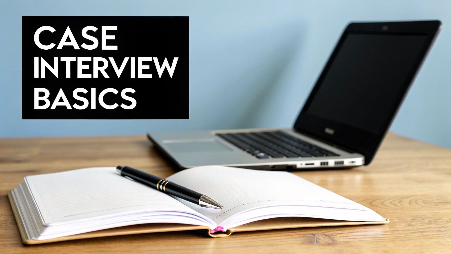 A black box with 'CASE INTERVIEW BASICS' text, a laptop, an open notebook and pen on a wooden desk.