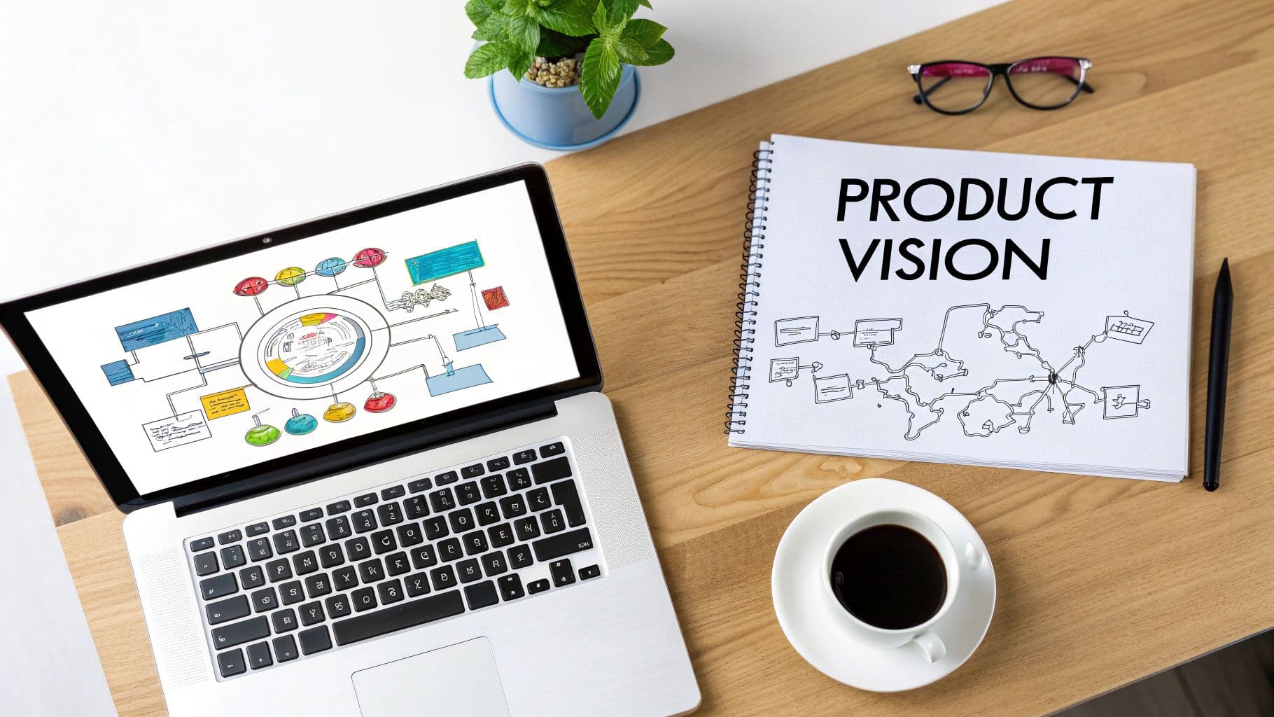 Overhead view of a laptop displaying a mind map, a 'PRODUCT VISION' notebook, coffee, and glasses on a wooden desk.