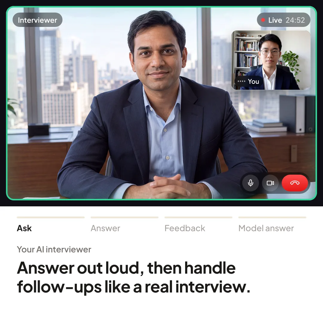 A live Soreno technical interview: the AI interviewer asks you to walk through a DCF, you answer out loud, then see your score and a model answer