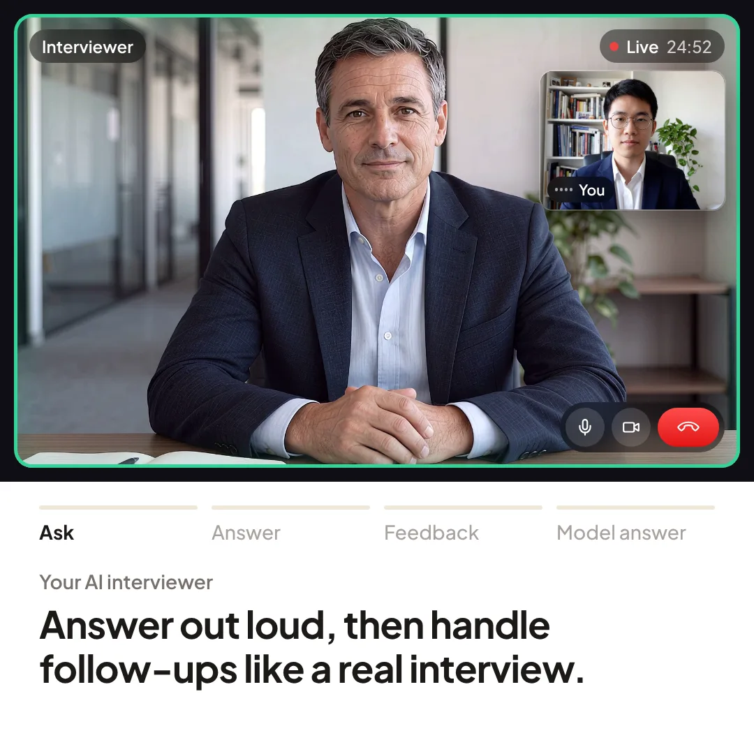 A live Soreno MBA admissions interview: the AI interviewer asks why you want an MBA and why now, you answer out loud, then see your score and a model answer