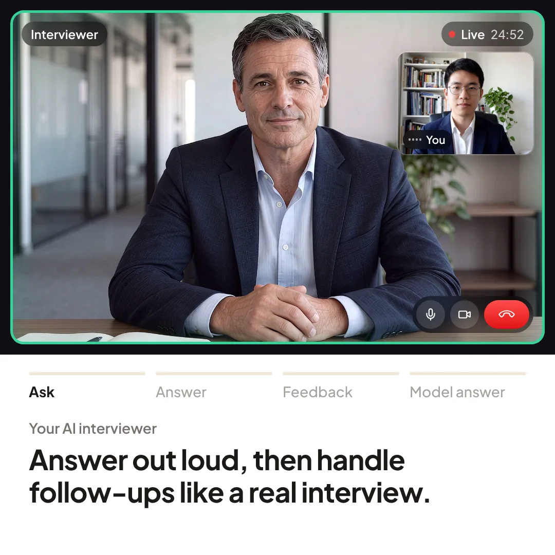 A live Soreno product management interview: the AI interviewer asks how you would improve Google Maps for tourists, you answer out loud, then see your score and a model answer