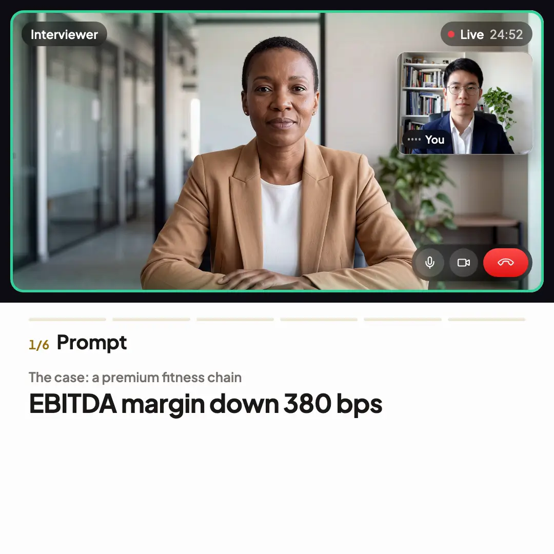 A live Soreno case mock: the AI interviewer gives a profitability case, you clarify, structure it, read an exhibit and do the math out loud, then your recommendation improves step by step as the score rises